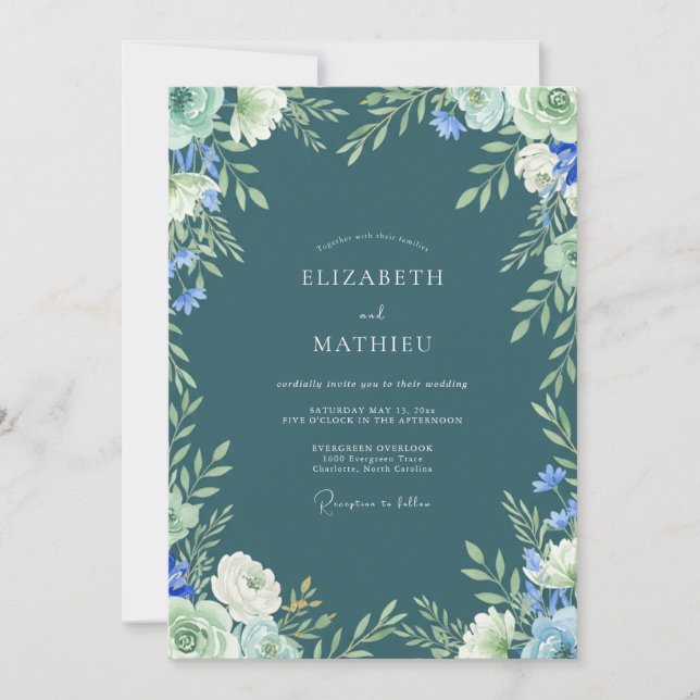 Convites Casamento Pacífico Florestal em Verde Azul (Frente)