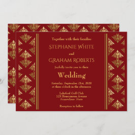 Convites Casamento Padrão de Damasco Vermelho e Dourado Ele