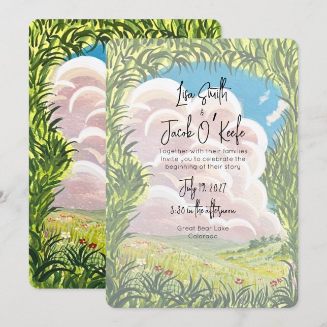 Convites Casamento Paisagem Ilustrada Pintada à Mão (Frente/Verso)