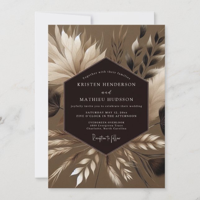 Convites Casamento Pampas Boêmio Taupe (Frente)