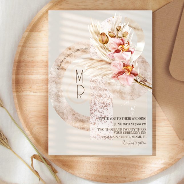 Convites Casamento Pampas Monograma Rosa Bege Boêmio B (Criador carregado)