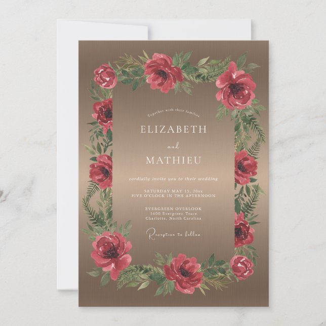 Convites Casamento Papoula Carmesim Taupe (Frente)
