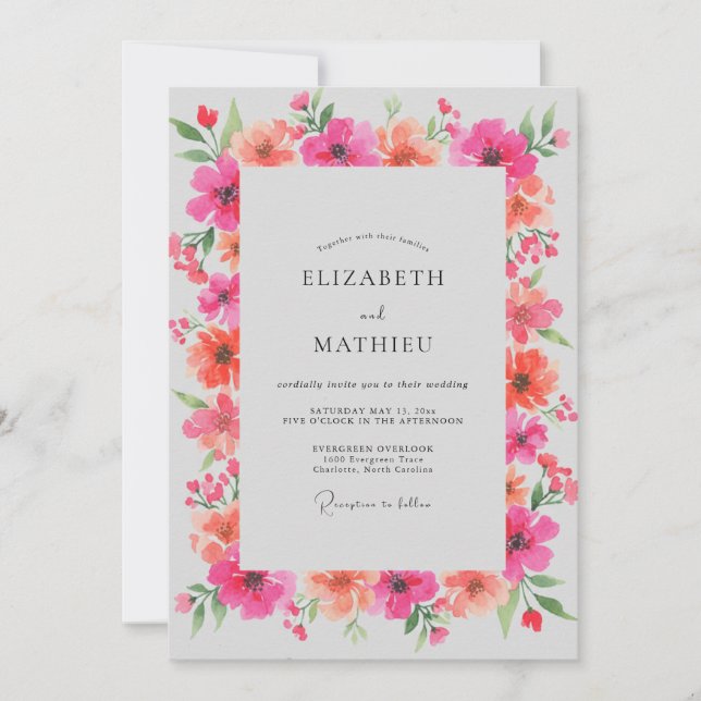 Convites Casamento Papoula Coral Magenta (Frente)