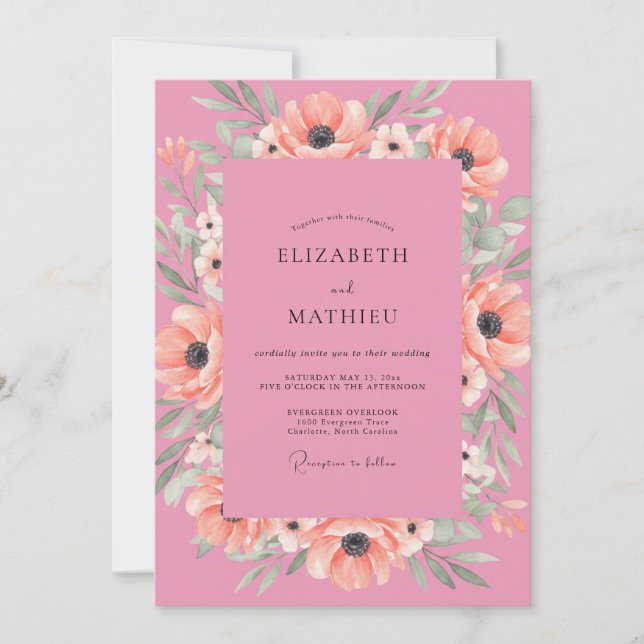 Convites Casamento Papoula Coral Rosa (Frente)