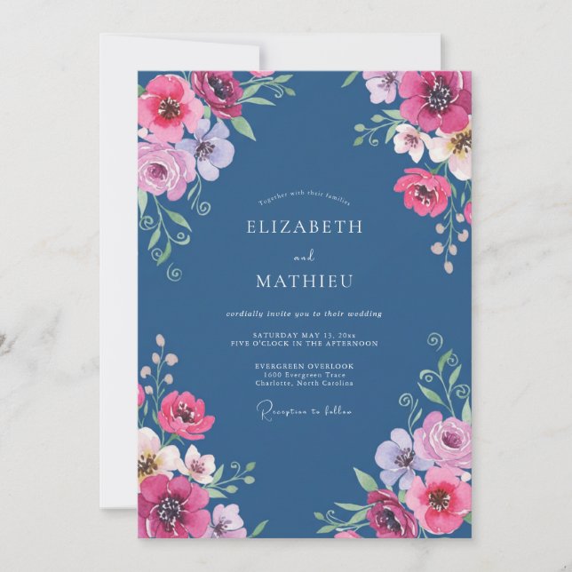 Convites Casamento Papoula Slate Magenta (Frente)