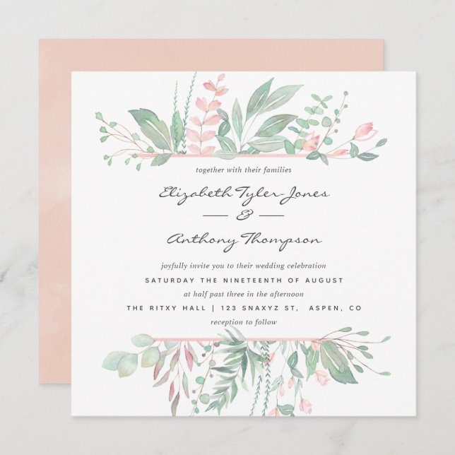 Convites Casamento Pastel Blush Greenery (Frente/Verso)
