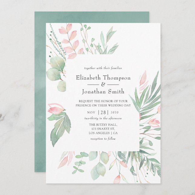 Convites Casamento Pastel Blush Greenery (Frente/Verso)