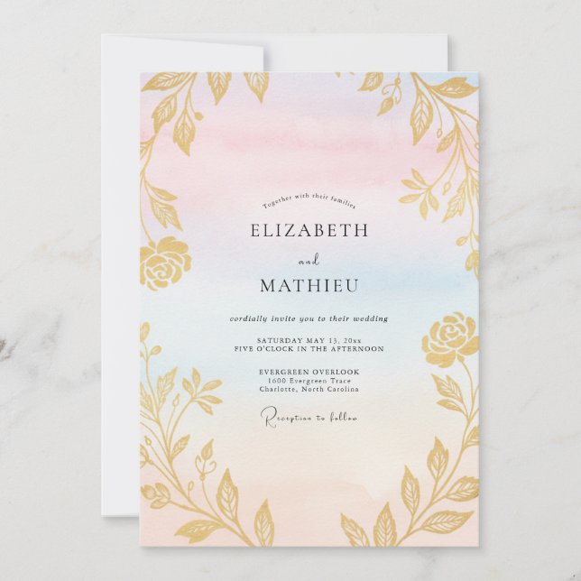 Convites Casamento Pastel com Folhas de Ouro (Frente)
