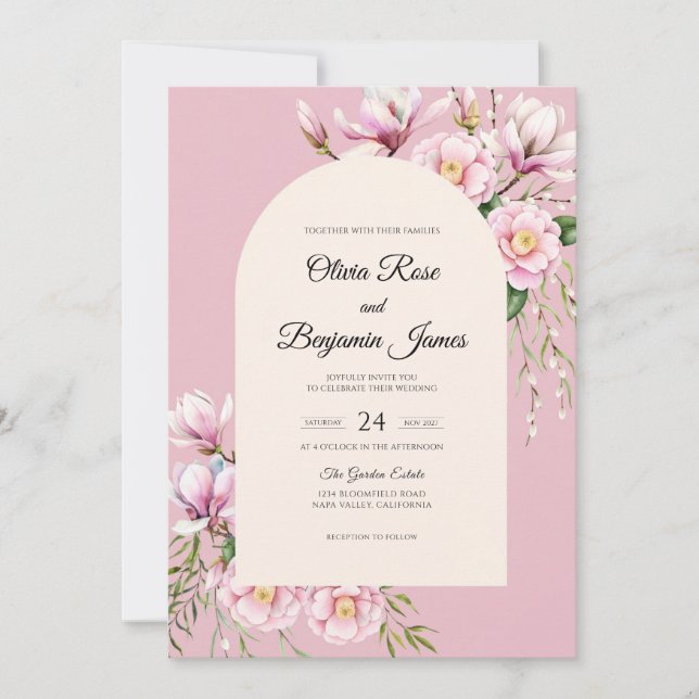 Convites Casamento Pastel com Magnólia (Frente)