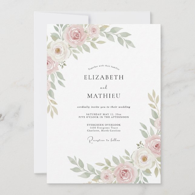 Convites Casamento Pastel com Pétalas Rosadas e Folhas (Frente)