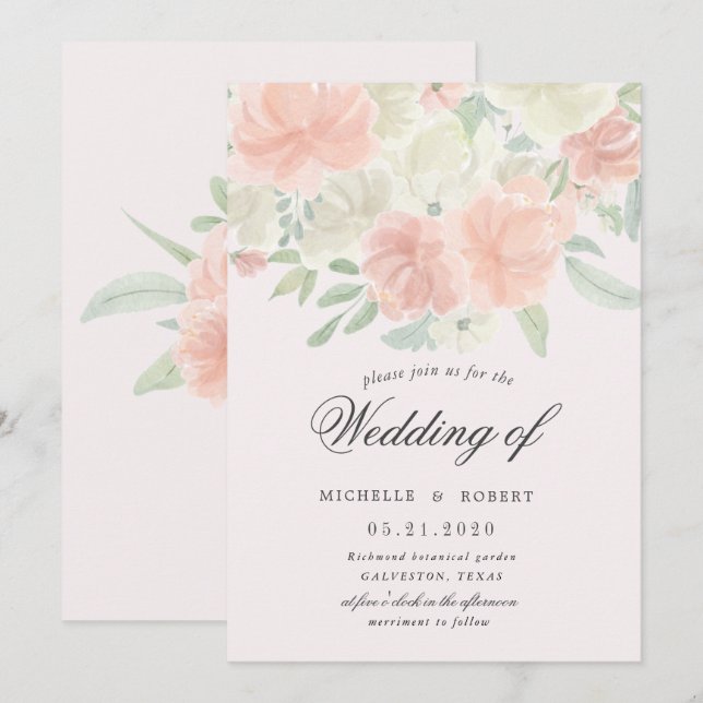 Convites casamento pastel de primavera floral leve (Frente/Verso)