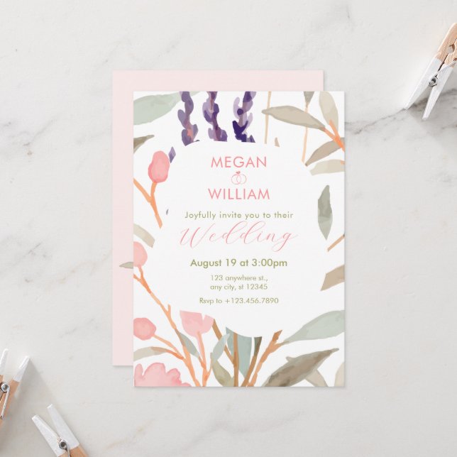 Convites Casamento Pastel Floral Watercolor Brunch (Frente/Verso In Situ)