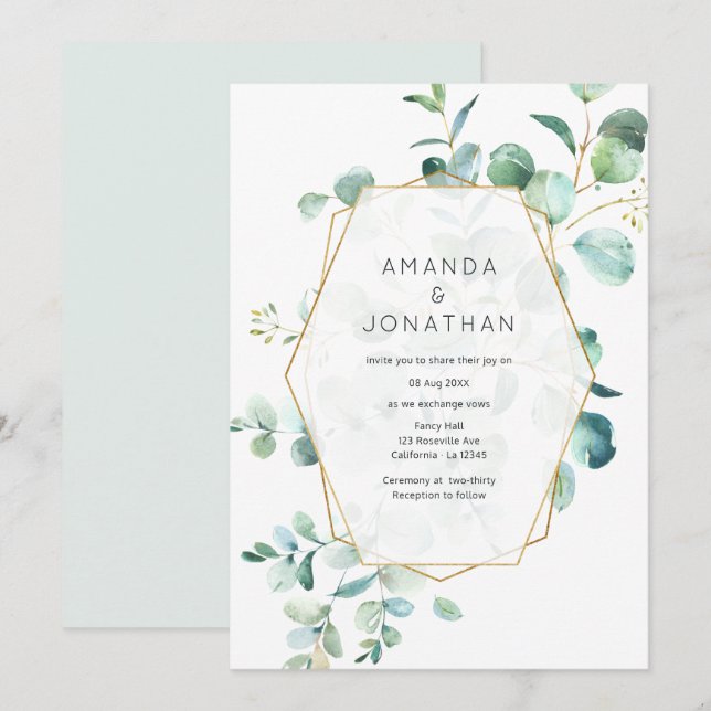 Convites Casamento Pastel Geométrico de Eucalipto Verde (Frente/Verso)