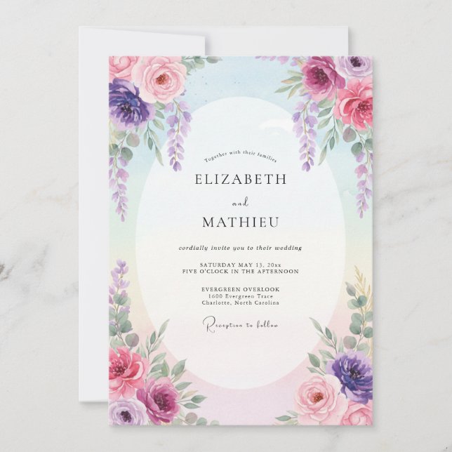 Convites Casamento Pastel Magenta Wisteria (Frente)