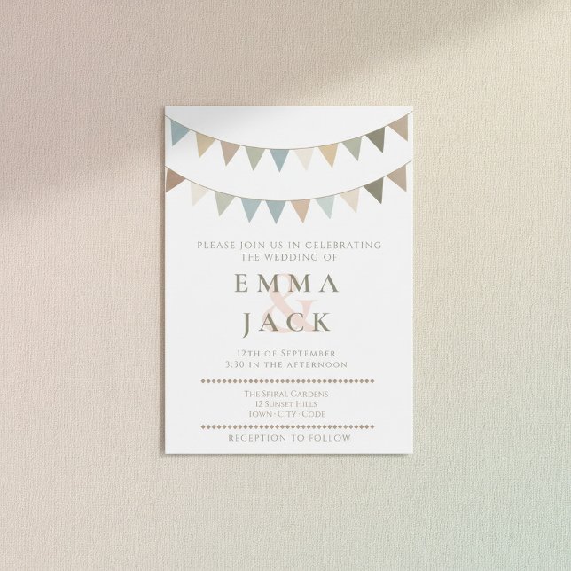 Convites Casamento pastel neutro (Neutral bunting rustic pastel wedding invitation.)