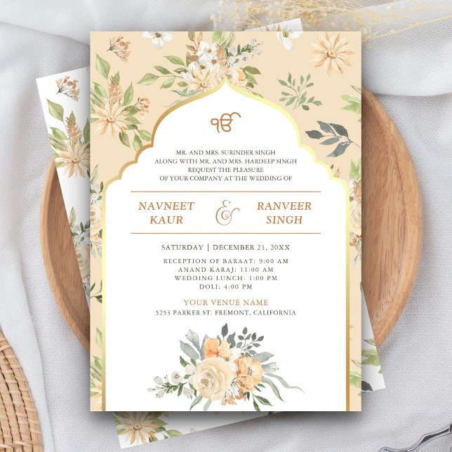 Convites Casamento Pastel Peach Floral Anand Karaj Sikh (Criador carregado)
