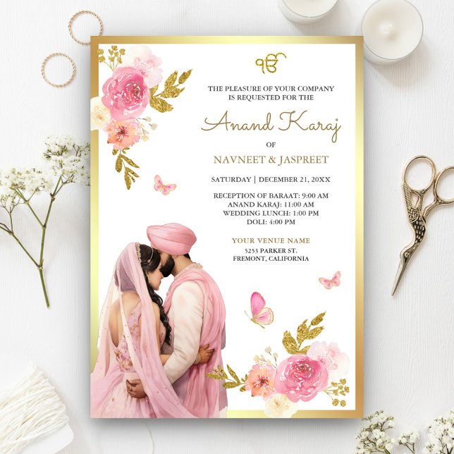 Convites Casamento Pastel Pink Floral Anand Karaj Sikh (Criador carregado)