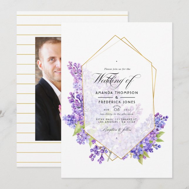 Convites Casamento Pastel Violeta e Dourado Geométrico Herb (Frente/Verso)