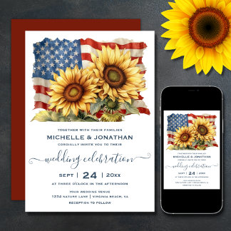 Convites Casamento Patriótico Americano de Bandeira Sunflow