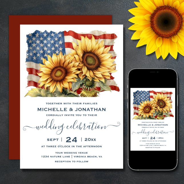 Convites Casamento Patriótico Americano de Bandeira Sunflow (Printed (Front and Back) and Digital Patriotic American Flag Sunflower Wedding Invitation)