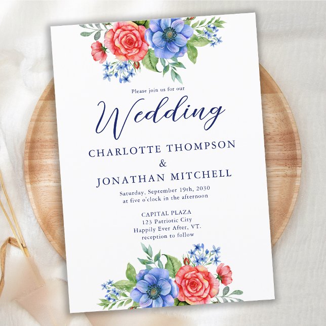 Convites Casamento Patriótico Vermelho Branco Azul 4 de jul (Criador carregado)