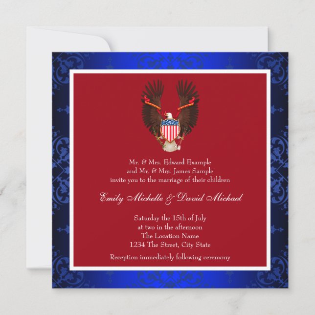 Convites Casamento Patriótico Vermelho, Branco e Azul (Frente)