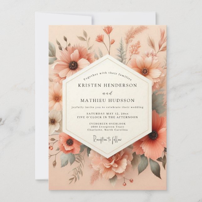 Convites Casamento Peach Artful Meadow (Frente)