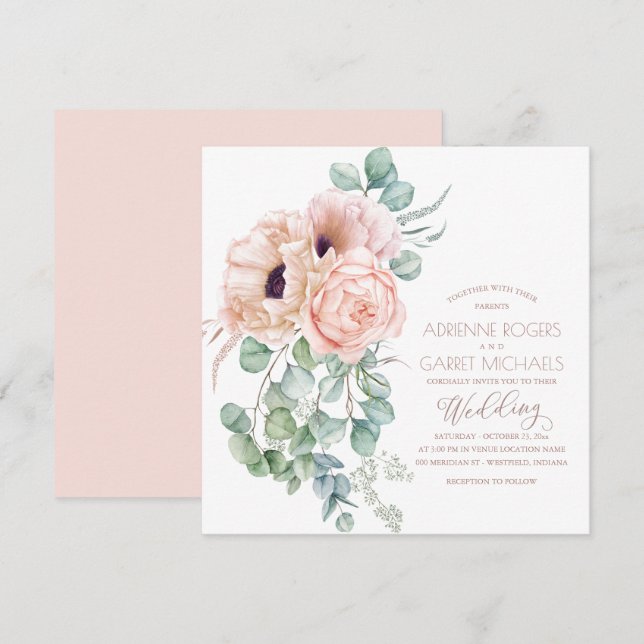 Convites Casamento Peach Floral & Eucalyptus Greenery (Frente/Verso)