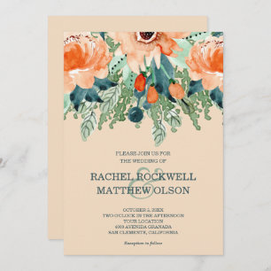Convites Casamento Peach Floral Watercolor