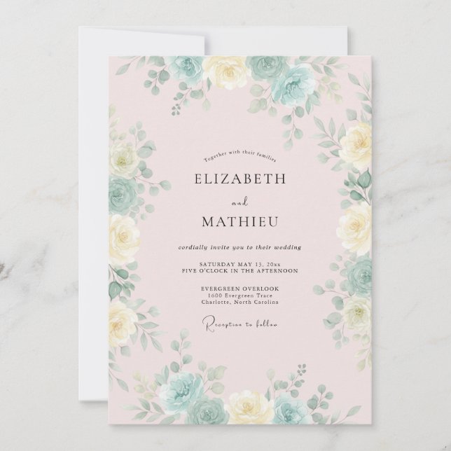Convites Casamento Peônia Água Blush (Frente)