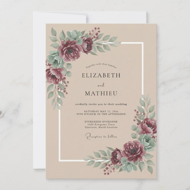 Convites Casamento Peônia Ameixa Taupe Celestial (Frente)