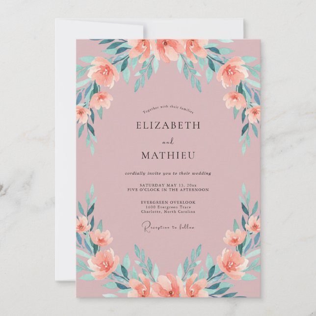 Convites Casamento Peônia Aquática Rosa-Claro (Frente)