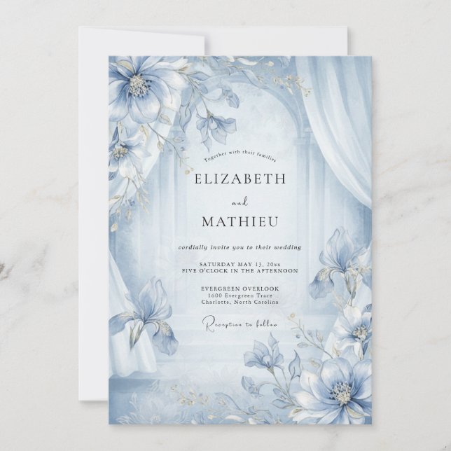 Convites Casamento Peônia Azul-Celeste (Frente)