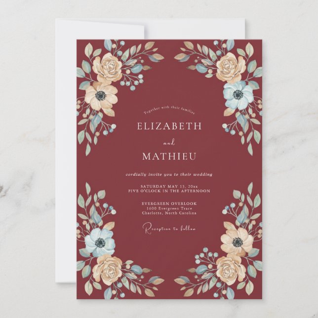 Convites Casamento Peônia Azul Marsala (Frente)