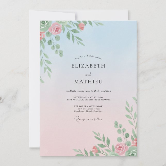 Convites Casamento Peônia Azul Pêssego Pó (Frente)