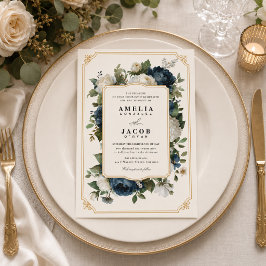 Convites Casamento Peônia Azul Real com Moldura Dourada