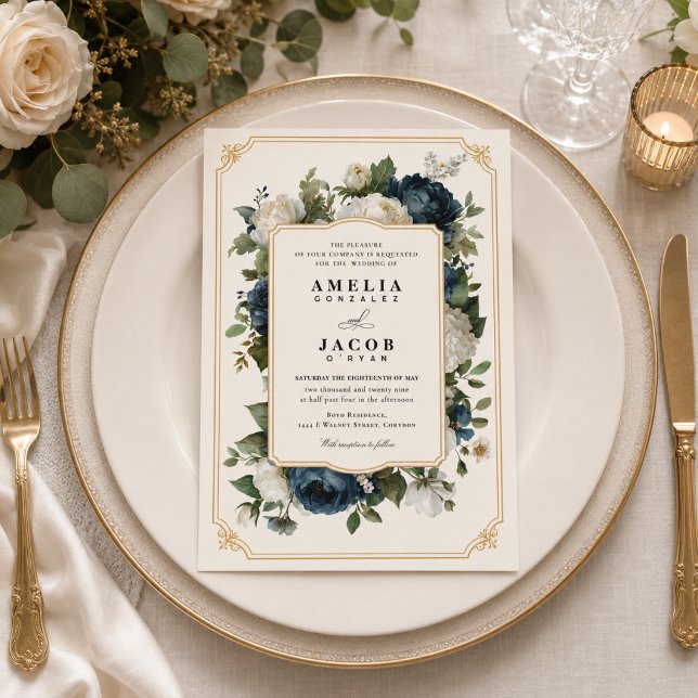Convites Casamento Peônia Azul Real com Moldura Dourada (Blue Peony Wedding with Gold Frame)