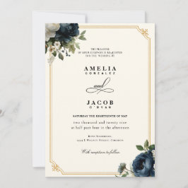 Convites Casamento Peônia Azul Real com Moldura Dourada