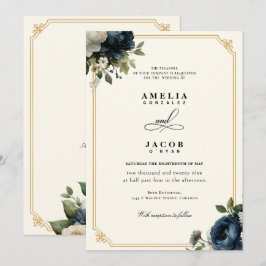 Convites Casamento Peônia Azul Real com Moldura Dourada
