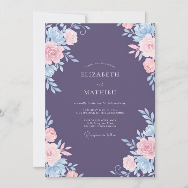 Convites Casamento Peônia Azul Rosa Âmbar (Frente)