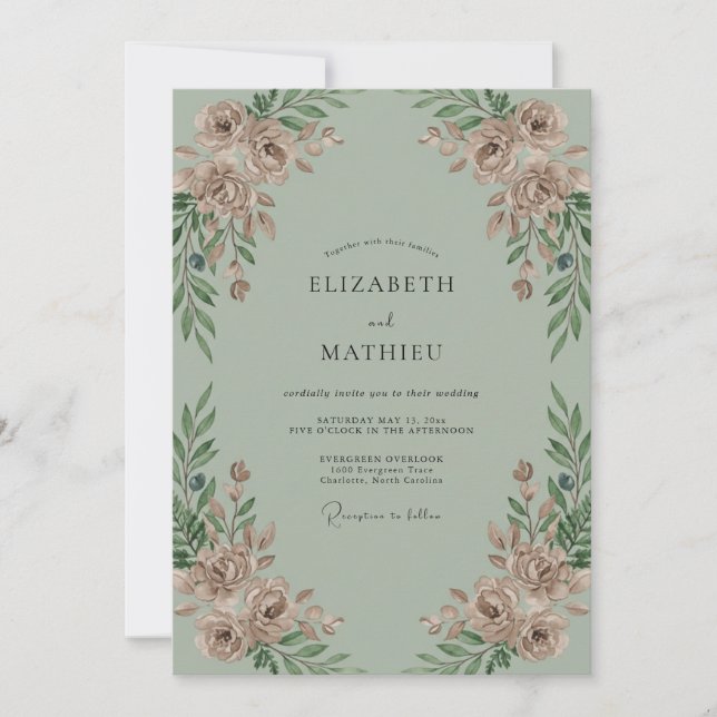 Convites Casamento Peônia Beijo Celadon (Frente)