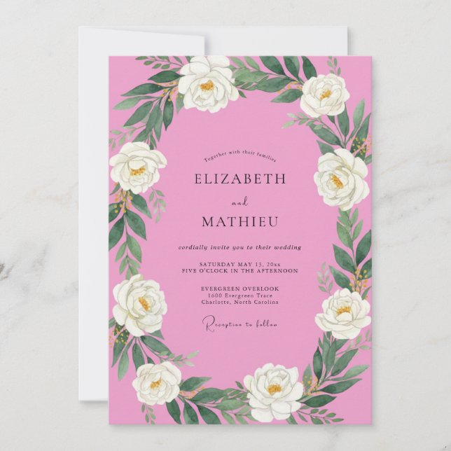 Convites Casamento Peônia Branca Magenta (Frente)