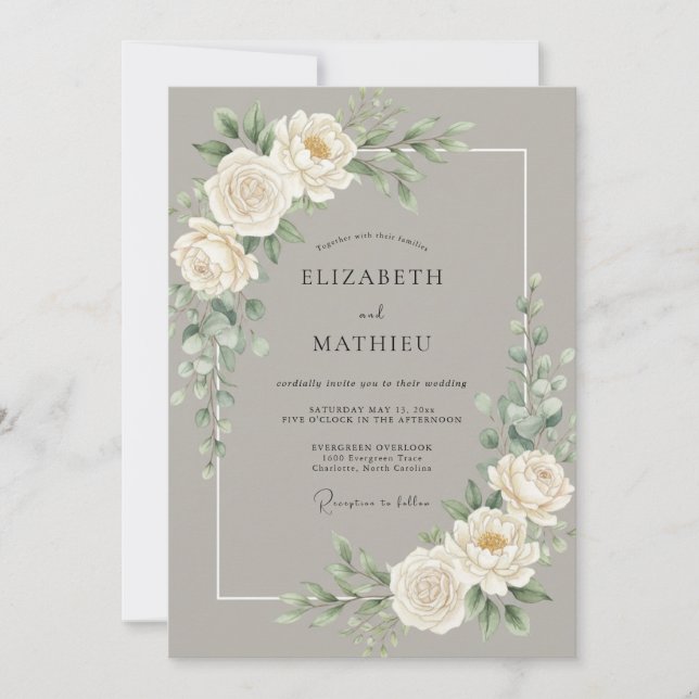 Convites Casamento Peônia Branca Taupe (Frente)