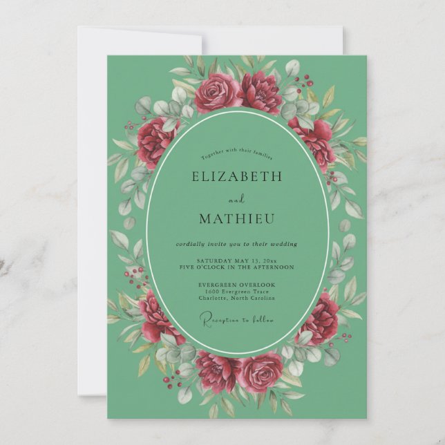 Convites Casamento Peônia Carmim Mint (Frente)