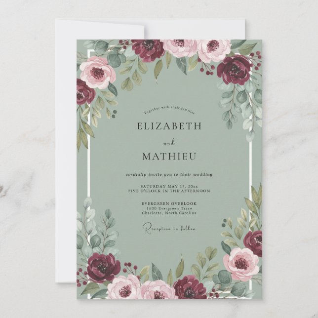 Convites Casamento Peônia Celadão Poeirento Marrom (Frente)