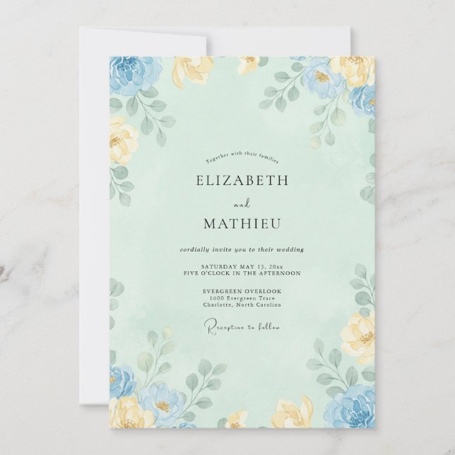 Convites Casamento Peônia Celadon Azul (Frente)