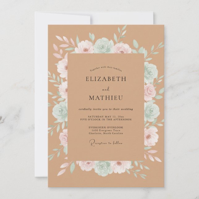 Convites Casamento Peônia Celadon Kraft (Frente)