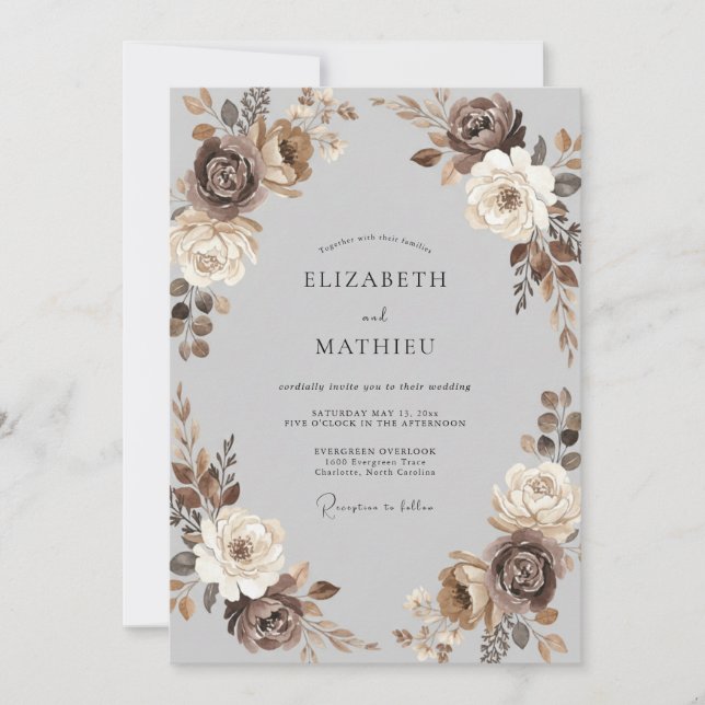 Convites Casamento Peônia Champanhe Mocha (Frente)