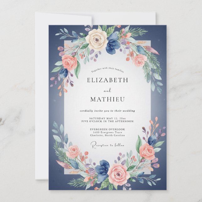 Convites Casamento Peônia Coral Índigo (Frente)