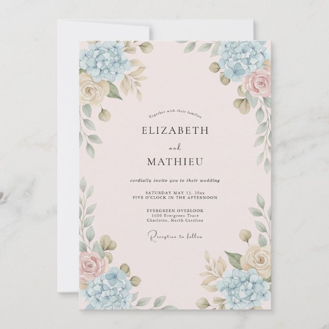 Convites Casamento Peônia Cornflower Blush (Frente)